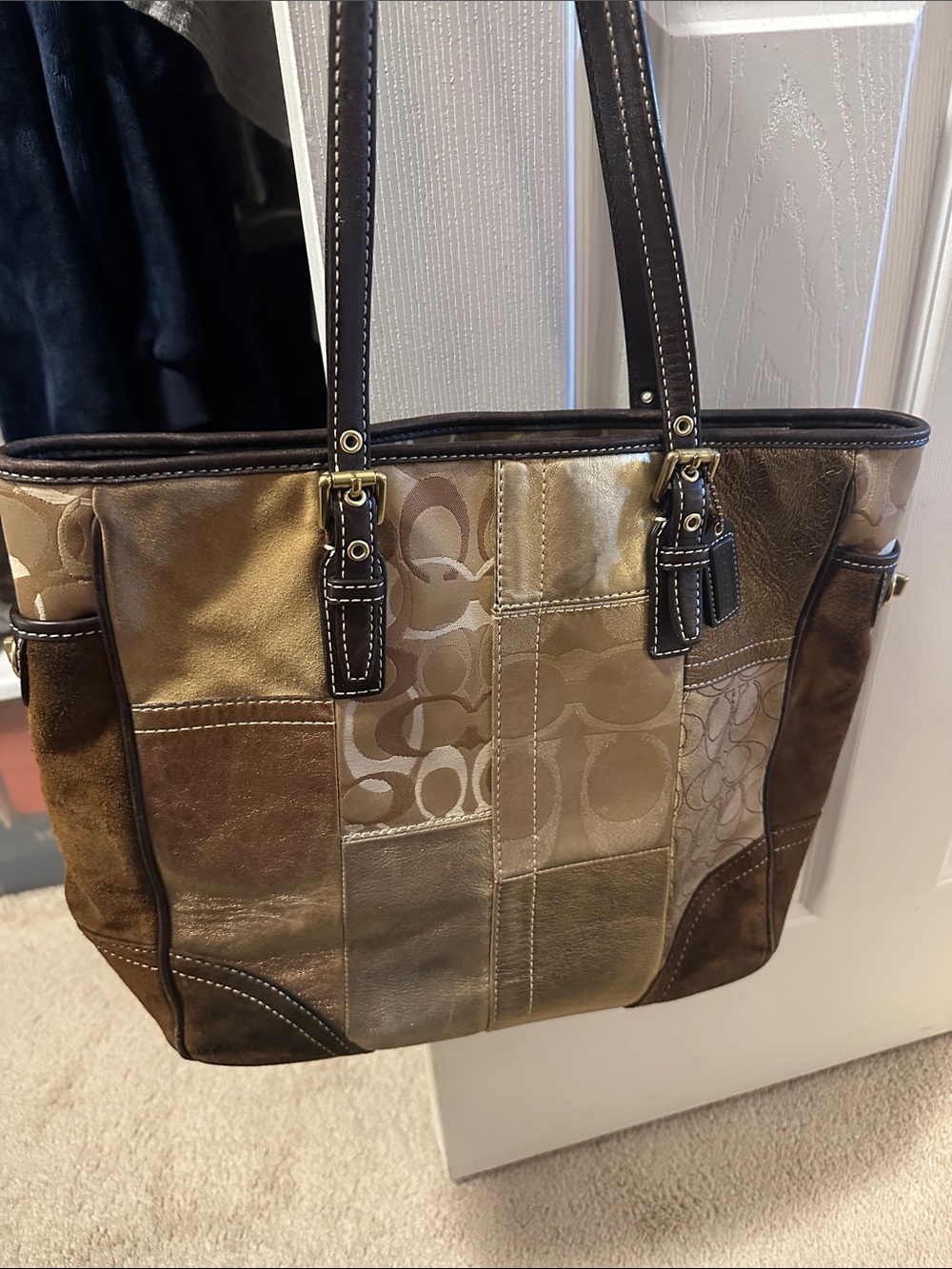 Coach Metallic Patchwork Tote in Brown and Gold